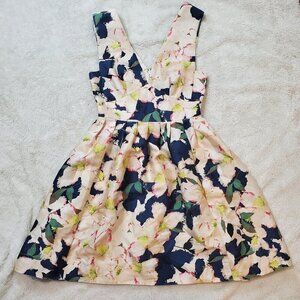 J. Crew Floral Cream Navy Blue Mini Dress Women 0 Silk Wool Romantic Party Prom